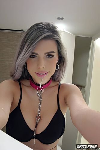 cuckold selfie, collar and leash, cum dripping down hair and face
