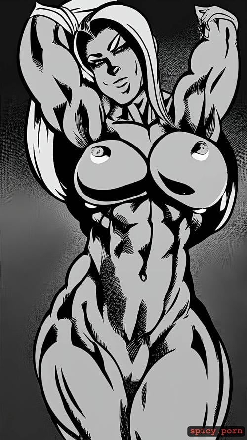 high res, nude muscle woman, belly punch