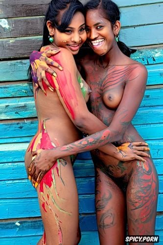 smiling, paint on a cup tits, dslr photo, painters with bright colored paint smeared over thin bodies