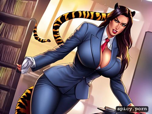 tiger tail, milf, giant breasts, business suit, office, seductive face