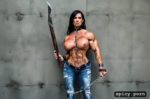 strength effort, slave, extreme muscular woman topless with massive abs