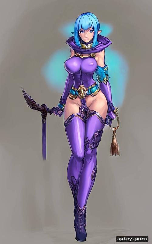 scarf, 3dt, purple eyes, blue hair, pretty naked female, high boots