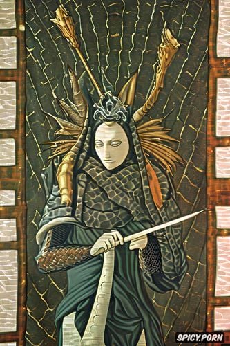 tapestry, medieval art, knight, princess demon, low resolution