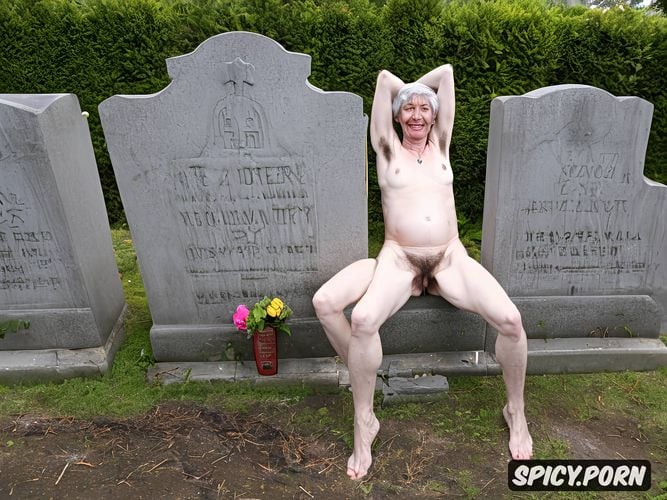 pissing on gravestone, wrinkeled chest, woman ninetysix naked