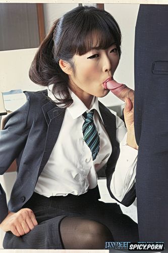 desk, she is giving a blowjob to a businessman, color photo