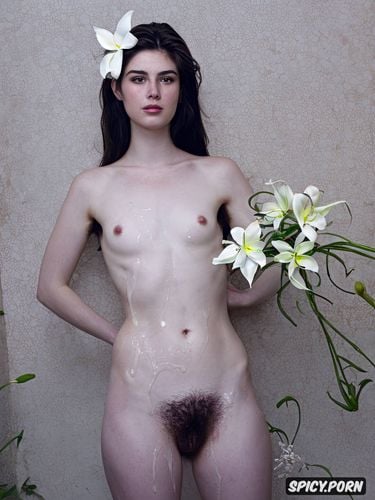 hairy pussy full body shot, with a white flowers around her head and hairs