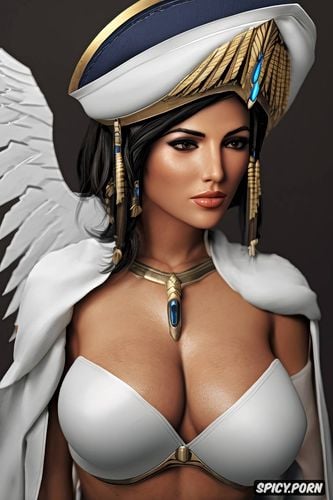 k shot on canon dslr, ultra detailed, ultra realistic, pharah overwatch ancient greek priestess flowing white robes topless tits out small perky natural tits beautiful face portrait masterpiece