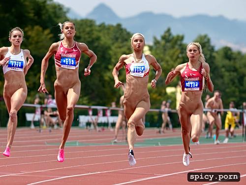 sports illustrated, extremely long blond high pony tale, nude teen women olympic track runners competing in the 200 meter race naked