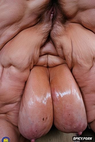 brown hair, wrinkles old face shows huge wide gaping anal, wrinkles big fat legs