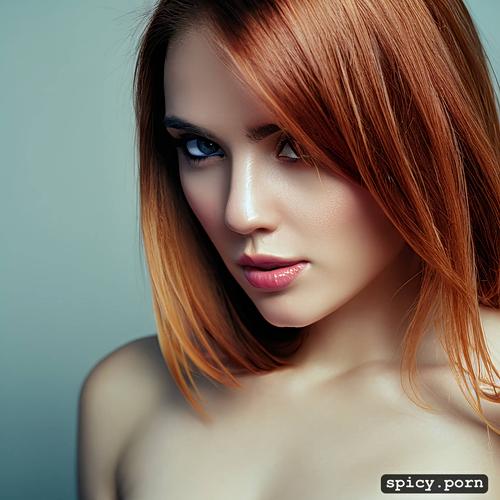 petite female, strawberry blonde hair, fully naked, medium boobs
