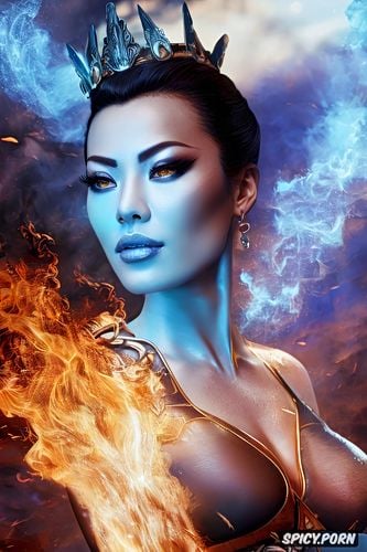 matte, flame crown, face shot, no makeup, sharp focus, surrounded by blue fire