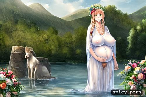 wet see through clothes, braid, standing in the lake, flower wreath