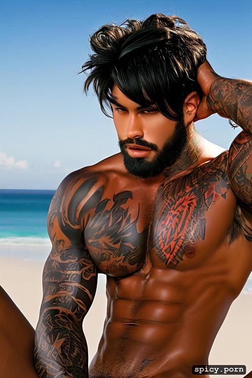 dark haired tattooed 20 year old man brazilian neymar face handsome with a beard beautiful muscular pubic muscle very large erect penis on the beach