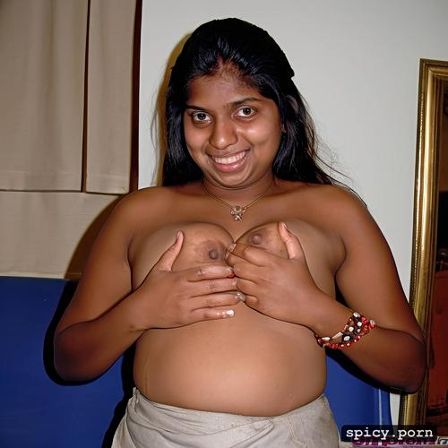 old indian man groping her gigantic breasts, tits out, extremely large teardrop breasts