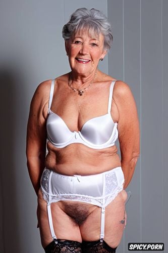 fit granny year old in white retro underwear, short hair, garters and stockings