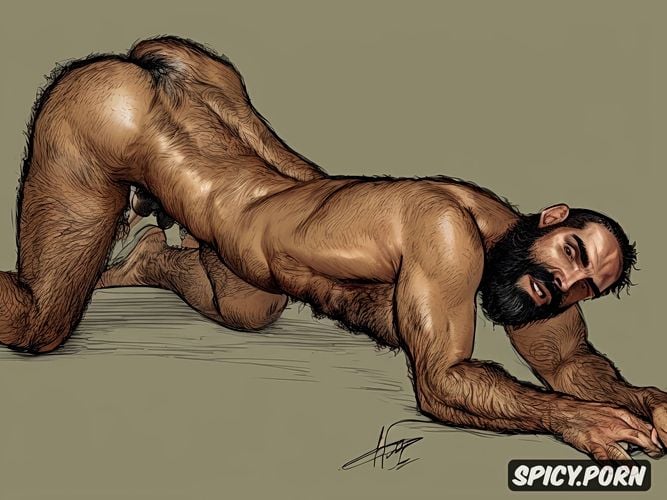 professional sketch of one alone bearded naked hairy man big testicles big dangling penis thick natural eyebrows arabian arab male on all fours sweating perfect face highest quality hands feet masterful composition soft lighting