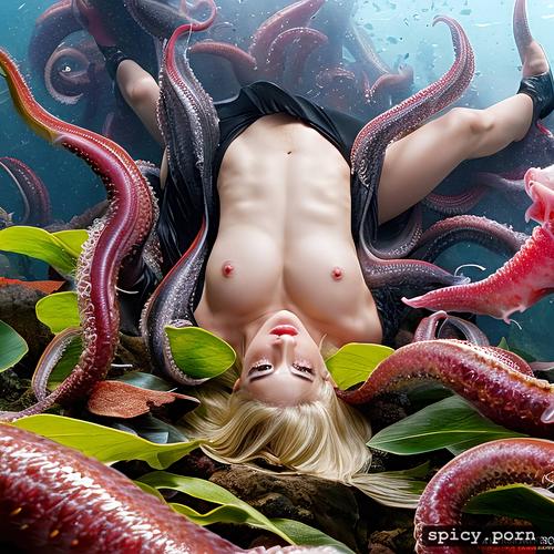 8k, tentacles on thighs, shy, totally naked, penetrated by slimy tentacles