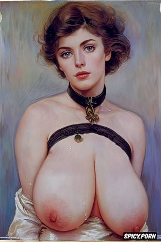 enormous saggy breasts, perfect face, petite, hyperrealistic jules bastien lepage oil painting