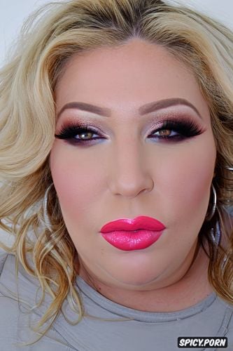 slut makeup, lip liner, pink, chubby, blonde, face closeup, bbw bimbo