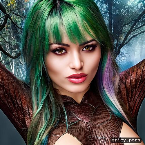 centered, green hair, forest, spiderman costume, perfect face