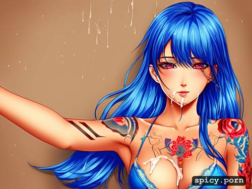 gorgeous face, pixie hair, hyper anime, tattoos, japanese, small breasts