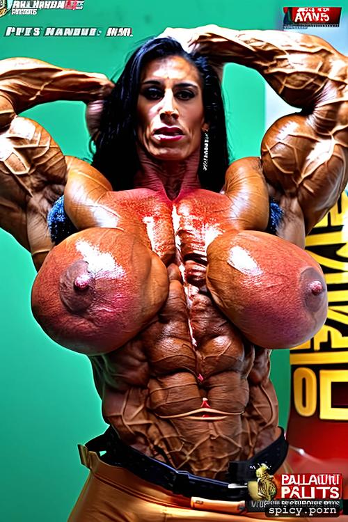 goddess, latin female, jacked, bodybuilder, huge pecs, giant silicone boobs