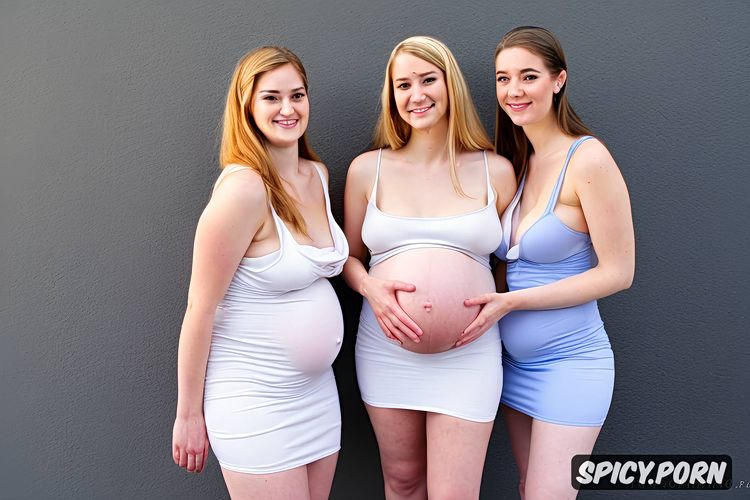 gorgeous innocent face, wearing tight minidress large pregnant belly