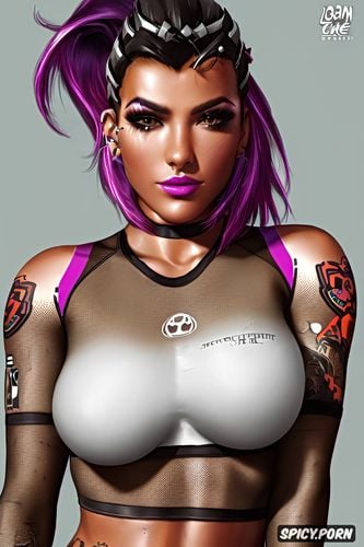 sombra overwatch beautiful face young full body shot, tattoos small perky tits tight white sports bra and black leggings masterpiece