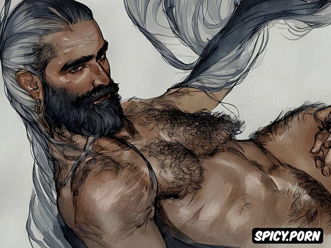 sketch gay handsome withcer bearded hairy man thick natural eyebrows arabian arab hamam sweating long hair highest quality ghost masterful composition soft lighting