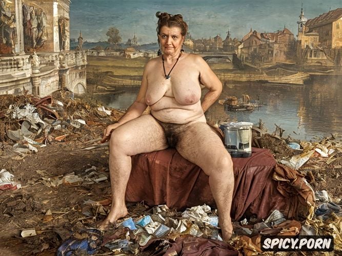 naked, buxom, granny, garbage dump perfect face, pipeline, sharp focus