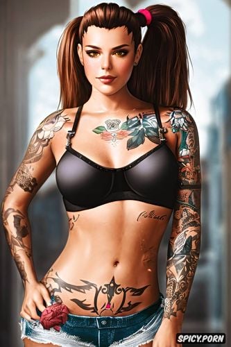 ultra realistic, high resolution, tattoos small perky tits black sports bra black booty shorts masterpiece