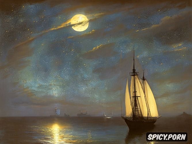 aivazovsky oil painting, sea, night sky and stars, freegate