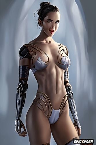 rey corrupted to the dark side, large perfect boobs, in front of a white wall