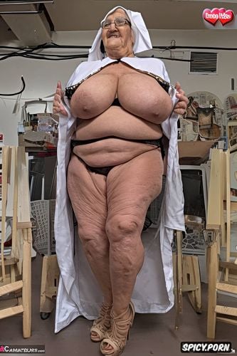 direct frontal full shot, huge saggy tits, the very old fat grandmother nun in church has nude hairy pussy under her skirt