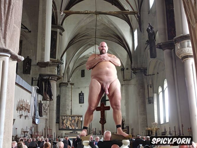 curch, enormous penis, people in church, old man with hard veiny erected penis showing