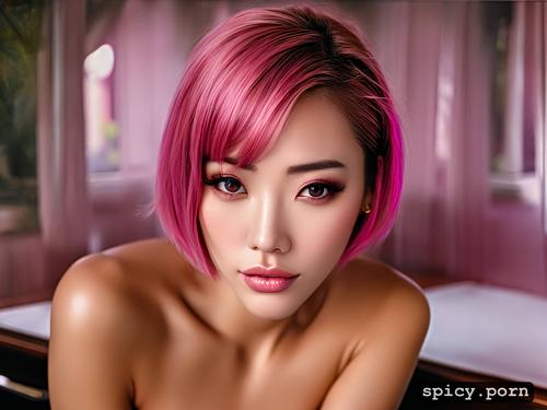 piercing, 18 yo, oiled body, korean female, pink hair, yacht