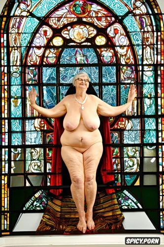 very old granny nun, gray pussy, pierced nipples, church, stained glass windows