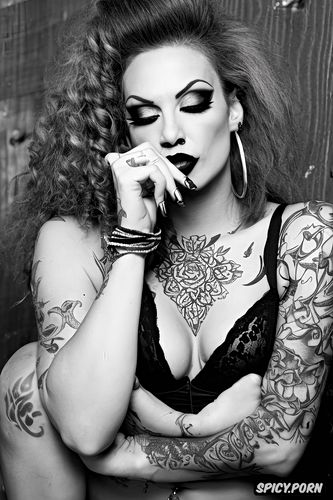 big hair, hooker, skank, seductive, tattoos, goth, trashy, witchy