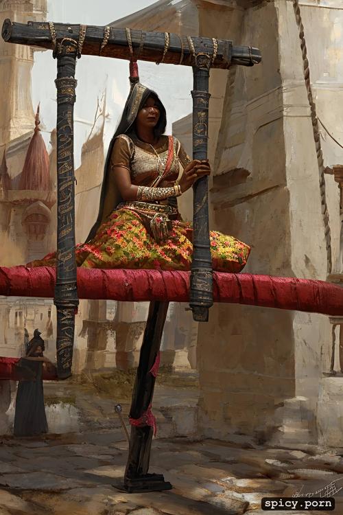 indian woman locked in medieval device called pillory