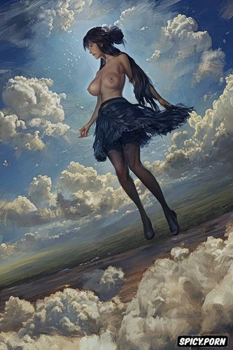 impressionist portrait, flat chest flying jewish teen flying in the sky