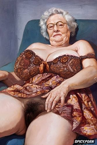giant and perfectly round areolas very big fat tits, the very old fat grandmother has hairy nude pussy under her skirt