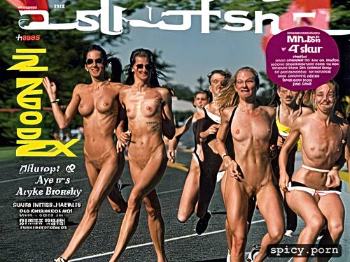 nude women olympic runners, finish line, puffy pussy with wide open lips