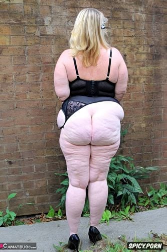 obese, white woman, wide hips, looking back over her shoulder at camera