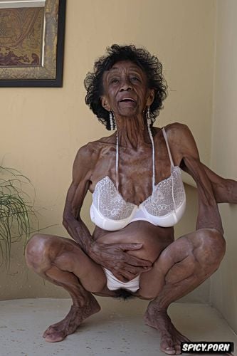 flashing her open hairy black pussy, oiled body, 89 yo, wearing a small see through white bra