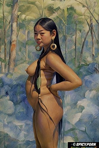 impressionism, fat belly, thai teen, topless, jungle, very shy