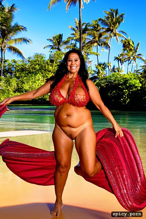 giant hanging boobs, flawless smiling face, intricate beautiful hula dancing costume