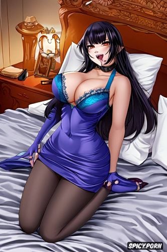 medium length dark blue boob hairstyle, pointy canines, busty