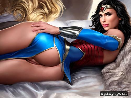 realistic skin, naked, wonder woman, huge erect clitoris, open pussy