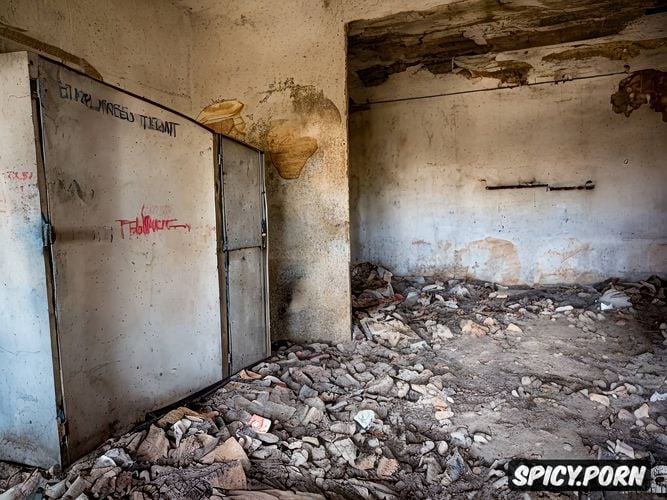 graffiti, cement, cubicles, abandoned hospital abandoned bank