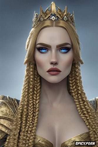 blue eyes, diadem, flowing royal gown, concept art, dragon age